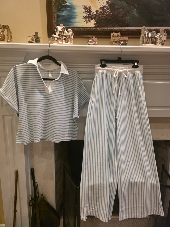 Zenana Outfitters Pants - Zenana Outfitters Ash Blue & White Striped Wide-Leg Pant Set